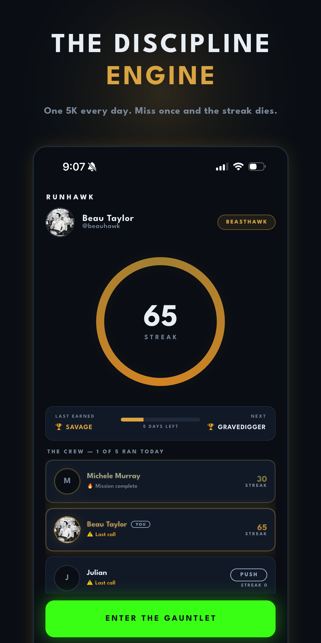 RunHawk home screen with the streak flame ring